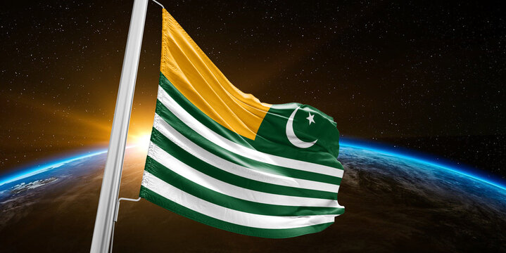 kashmir national flag cloth fabric waving on beautiful global Background.