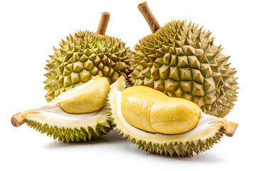Fresh durian fruit isolated on white background, tropical delicacy