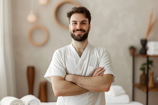 Professional male masseur ready for appointment in spa