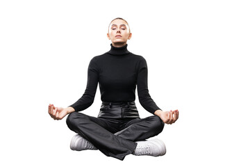 A young woman in a meditative pose wearing a black turtleneck and pants, isolated on white background, concept of tranquility