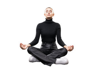 A young woman in a meditative pose wearing a black turtleneck and pants, isolated on white background, concept of tranquility