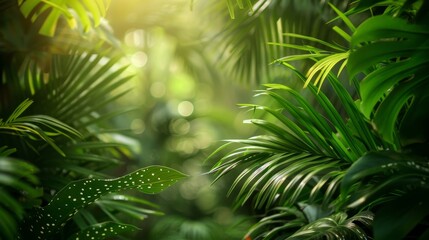 Soft dappled light filters through dense tropical greenery, highlighting the natural beauty of the leaves.