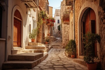 A maze of narrow streets in a Mediterranean town and historic buildings,  Ai generated - obrazy, fototapety, plakaty