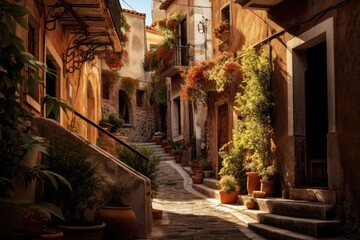 A maze of narrow streets in a Mediterranean town and historic buildings,  Ai generated - Powered by Adobe