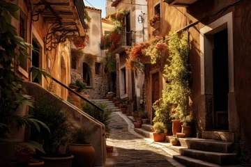 Selbstklebende Fototapete Enge Gasse A maze of narrow streets in a Mediterranean town and historic buildings,  Ai generated