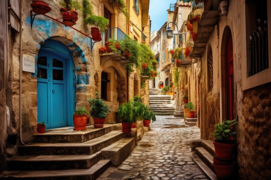 A maze of narrow streets in a Mediterranean town and historic buildings,  Ai generated