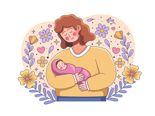 Illustration depicting the intimate bond between mother and baby, with the mother carry and loving her baby. 
Perfect for celebrating Mother's Day, blogs, infographics, greeting cards, etc.