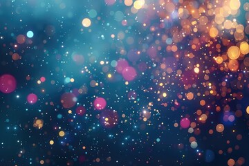 cloud of multicolored particles fly in air slowly or float in liquid like sparkles on dark blue background. Beautiful bokeh light effects with glowing particles for holiday presentations - obrazy, fototapety, plakaty