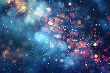 cloud of multicolored particles fly in air slowly or float in liquid like sparkles on dark blue background. Beautiful bokeh light effects with glowing particles for holiday presentations - obrazy, fototapety, plakaty