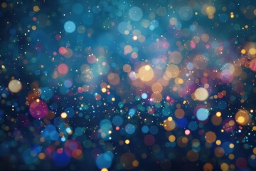 cloud of multicolored particles fly in air slowly or float in liquid like sparkles on dark blue background. Beautiful bokeh light effects with glowing particles. - obrazy, fototapety, plakaty
