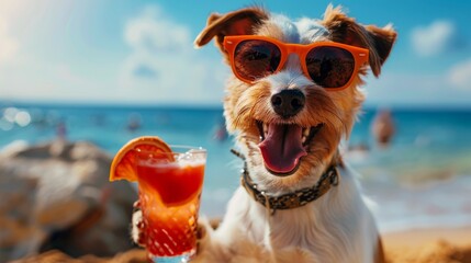 Dog Wearing Sunglasses Sitting on Beach With Drink