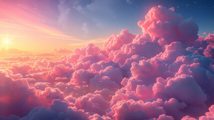 Sugar cotton pink clouds vector design background. Glamour fairytale backdrop. Plane sky view with...