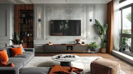 Gray Couch With Orange Pillows in Living Room