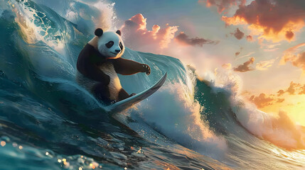 Panda surfing on a huge ocean wave cresting - obrazy, fototapety, plakaty