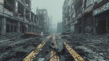 The center of a road in a devastated futuristic post-war city - obrazy, fototapety, plakaty