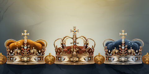 Fototapeta na wymiar The Magnificent Beauty of Royal Family Crowns, crowns decorated with beads, diamonds and gold, Timeless Elegance in Old World Majesty