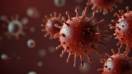 3D Spherical Viruses. microscope. Concept of viral infection, microbiology and virology. Virus background with copy space.｜3D球状ウイルス。顕微鏡。ウイルス感染、微生物学、ウイルス学の概念。 コピー スペースを持つウイルスの背景。