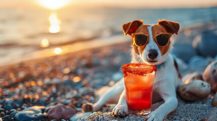 Dog Wearing Sunglasses Sitting on Beach With Drink - obrazy, fototapety, plakaty