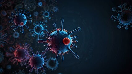 3D Spherical Viruses. microscope. Concept of viral infection, microbiology and virology. Virus background with copy space.｜3D球状ウイルス。顕微鏡。ウイルス感染、微生物学、ウイルス学の概念。 コピー スペースを持つウイルスの背景。 - obrazy, fototapety, plakaty