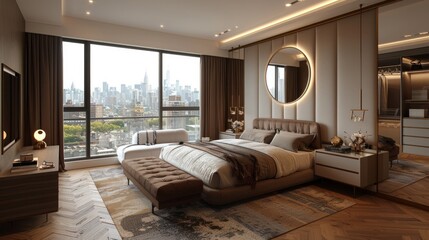 Naklejka na ściany i meble Spacious Bedroom With Large Bed and Window