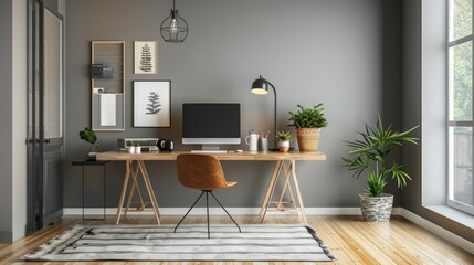 A minimalist home office with a simple desk, ergonomic chair