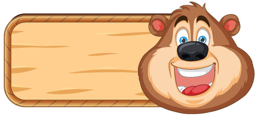 Cartoon bear peeking behind a wooden plank.