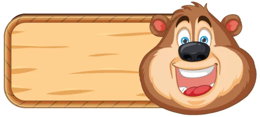 Fotobehang Cartoon bear peeking behind a wooden plank. © GraphicsRF