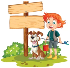 Foto op Plexiglas Kinderen Cheerful boy with dog standing next to signpost.