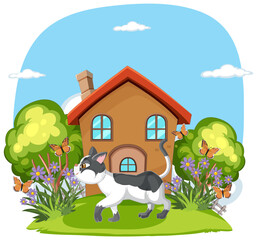 Vector illustration of a cat outside a house
