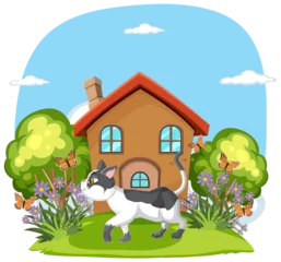 Fotobehang Kinderen Vector illustration of a cat outside a house