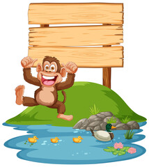 Happy monkey sitting near a pond with ducks. - 778008820