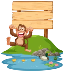 Foto op Plexiglas Kinderen Happy monkey sitting near a pond with ducks.