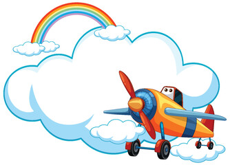 Cartoon airplane flying near a vibrant rainbow