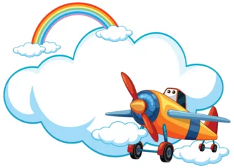 Poster Enfants Cartoon airplane flying near a vibrant rainbow