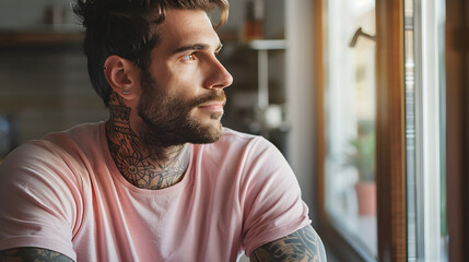 Serene portrait of man in casual pink t-shirt gazing out window