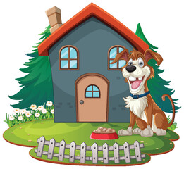 Cheerful dog standing by a small suburban home. - 778008851