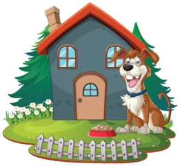 Poster Enfants Cheerful dog standing by a small suburban home.
