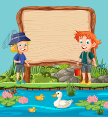 Two kids fishing near a pond with a blank sign - 778008857