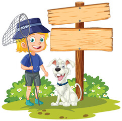 Smiling boy with dog standing near blank signpost.
