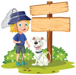 Foto op Plexiglas Kinderen Smiling boy with dog standing near blank signpost.