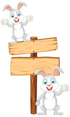 Two happy rabbits beside a blank signpost.