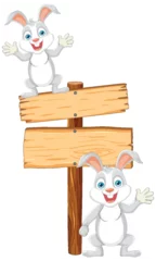Foto op Plexiglas Kinderen Two happy rabbits beside a blank signpost.
