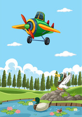 Vector illustration of aircraft and wildlife in nature