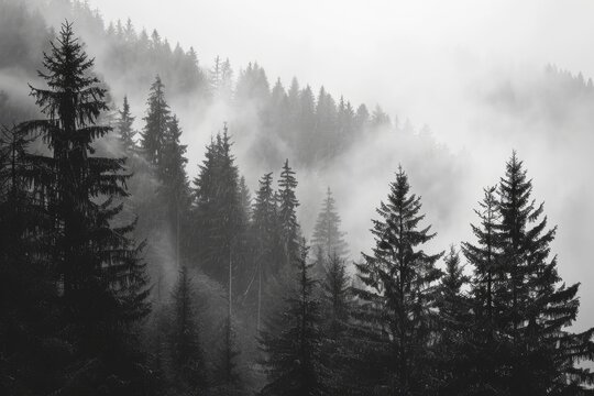 A misty pine forest shot in monochrome view, AI generated