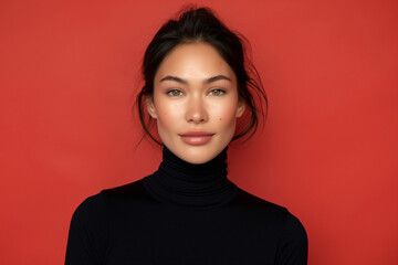 Studio portrait of a model wearing a black turtleneck shirt and standing in front of a red backdrop. Flawless skin. Skin care and cosmetics