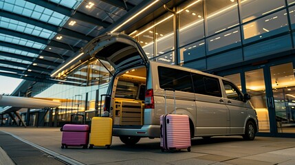 a minibus with the rear door open in front of an airport terminal. Pink, yellow and silver suitcases sit next to the vehicle as passengers prepare for the trip. - obrazy, fototapety, plakaty