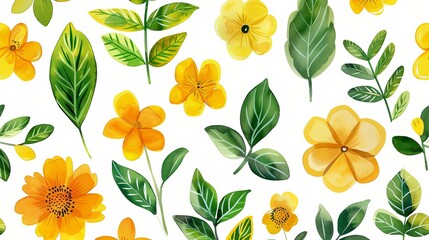 Watercolor illustration of various flowers and leaves in bright yellow and vibrant green colors in folk art style on white background - obrazy, fototapety, plakaty