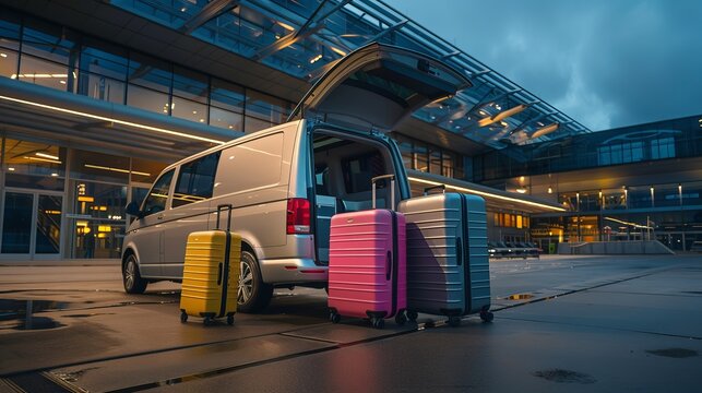 a minibus with the rear door open in front of an airport terminal. Pink, yellow and silver suitcases sit next to the vehicle as passengers prepare for the trip.