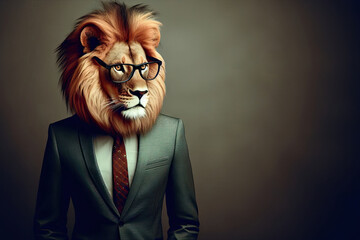 A lion wearing glasses and a suit anthropomorphic