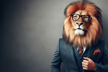 A lion anthropomorphic wearing glasses and a suit - obrazy, fototapety, plakaty